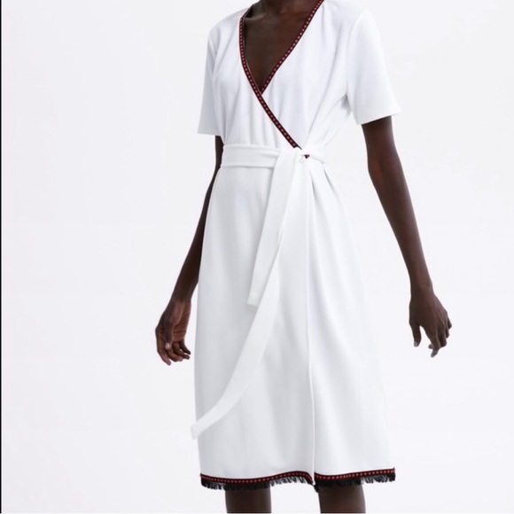 Zara Dresses & Skirts - ZARA ~ White Wrap Dress with Black and Red Diamond Trim ~ Size Small